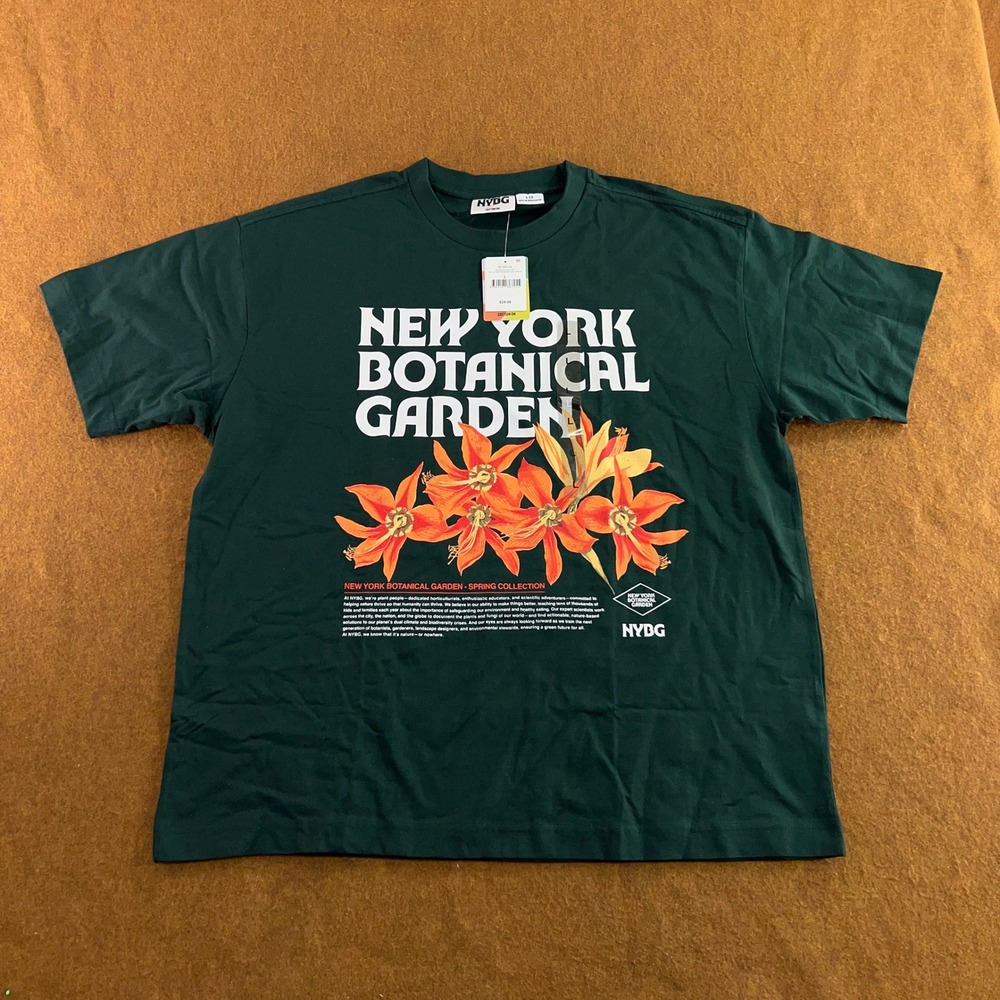 Cotton On Mens Large Green NYBG Orange Lily Graphic Box Fit T-Shirt NWT *Flaw